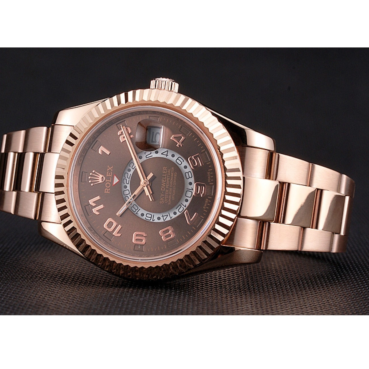 AAA replica watch Brown Case Rose Dweller Gold Dial Rolex Ad Sky Bracelet 0629